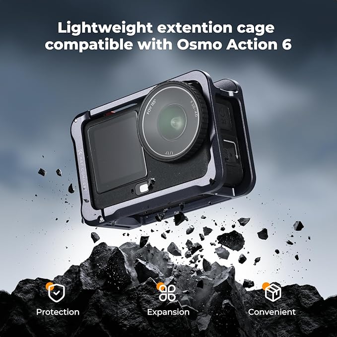 K&F CONCEPT Ultra Lightweight Cage for DJI Osmo Action 6 Camera Accessories, Aluminum Alloy Camera Cage with Wrist Strap, Cold Shoe Mount Expansion Protective Frame 1/4" Screw Interface for Tripod