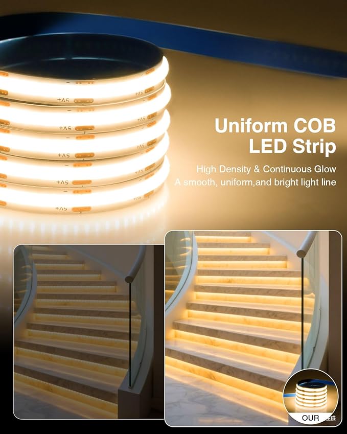 Aclorol COB LED Strip Light 5V USB 1M/3.28FT Warm White 3000K Flexible LED TV Backlight with Self-Adhesive 8mm Width for Bedroom Bedframe Kitchen Sideboard Lighting Project CRI90+ 320LEDs/M (2 Pack)