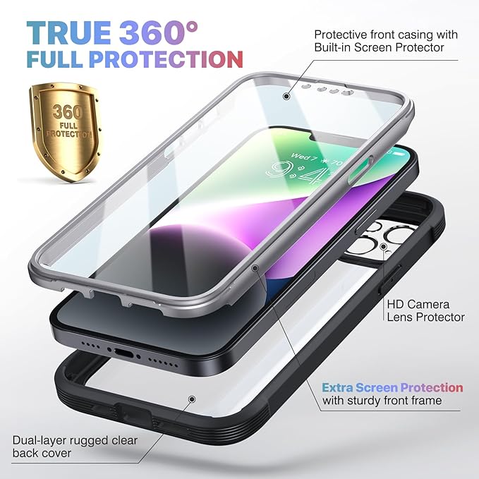 Diaclara Designed for iPhone 14 Case, Full Body Rugged Case with Built-in Touch Sensitive Anti-Scratch Screen Protector, with Camera Lens Protector for iPhone 14 6.1" (Black and Clear)