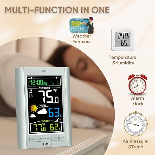 Weather Station Wireless Indoor Outdoor Thermometer， Inside Outside Temperature Humidity Monitor，with 330ft Range Sensor and Adjustable Backlight (Grey)