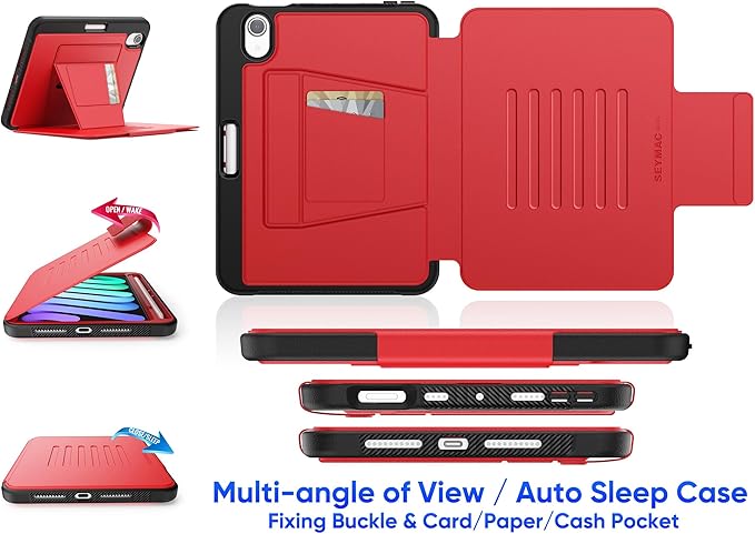 SEYMAC stock Case for iPad mini 7 (A17 Pro)/ Mini 6 8.3'', Strong Magnetic Auto Sleep Shockproof Case with Absorbing Multi-Angles Stand, Pen Holder, Card Slot, Red