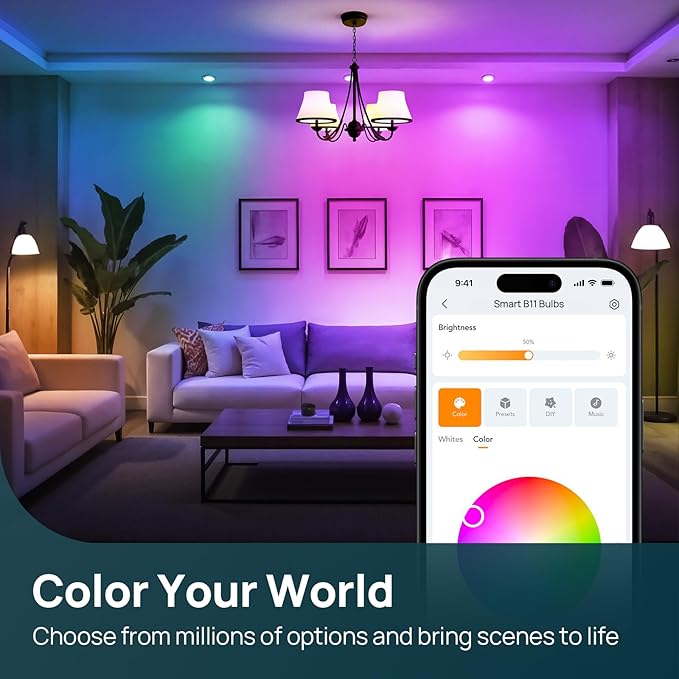 Linkind Matter Smart Bulbs, E12 Led Bulb Works with Alexa/Apple Home/Google Home, Smart Light Bulbs, WiFi Candelabra B11 Bulbs, RGBTW Color Changing Light Bulb, 2.4Ghz WiFi Bulb, 470 LM 2 Pack