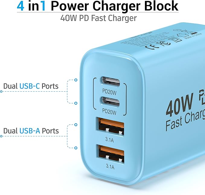 40W USB C Charger Block, 4-Port Fast Charging Block (2 USB-C + 2 USB-A), Compact Multi-Device Wall Plug Adapter for iPhone 17,16,15,14,13, Pro Max, Samsung Galaxy S24/S23/, Travel & Home (Blue 1Pack)