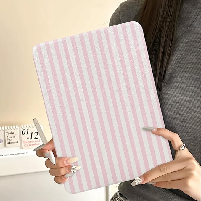 Lovmooful Compatible for iPad Air 6th 11-inch M2 (2024),iPad Air 5/4 (2022/2020 5th/4th Generation 10.9-Inch) Case with Pencil Holder Cute Striped Design Soft TPU Trifold Stand Protective-Pink&White