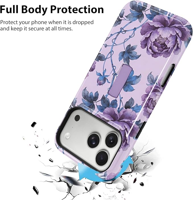 KANGHAR Compatible with iPhone 17 Pro Max Case, Support for MagSafe, Silicone Flower Floral Cute Pattern, Wristband Kickstand Camera Protection Soft Slim Phone Case for Girls Women -Purple