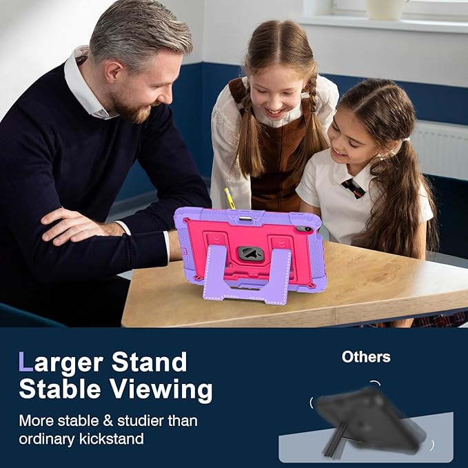 Kids Friendly Case for iPad Air 11 Inch M4 M3 M2 2026/2025/2024 Case with Pencil Holder & Shoulder Strap, Military Grade Shockproof Kickstand Hard Shell Protective Cover,Rose+Purple