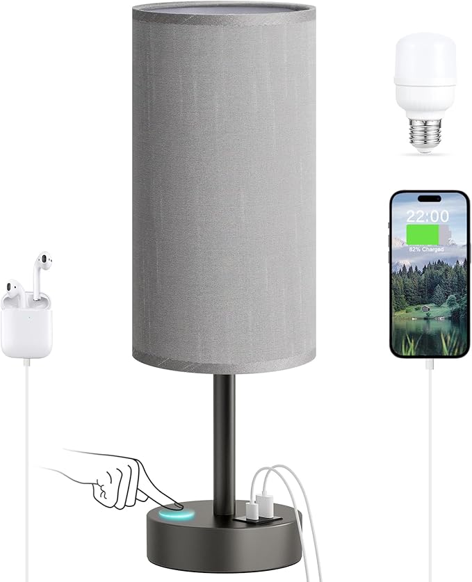 Dicoool Small Touch Bedside Lamp with USB - 3 Way Dimmable Grey Table Lamp for Bedroom, Nightstand Lamp with Charging Station for Desk Dorm, Office