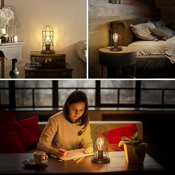 Seaside village Small Touch Lamp, Industiral Bedside Table Lamps with Antique Bronze Cage, 3 Way Dimmable Nightstand Steampunk Edison Lamp for Bedroom Living Room Kitchen, LED Bulb Included
