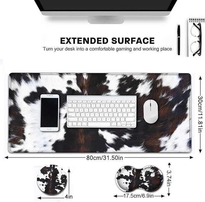 Large Gaming Mouse Pad, Extended Waterproof Desk Pad Protector (31.5" x 11.8") Ergonomics Memory Foam Mouse Wrist Rest Support, for Home Office Laptop Easy Typing, Black & White Cowhide Fur Mouse Mat