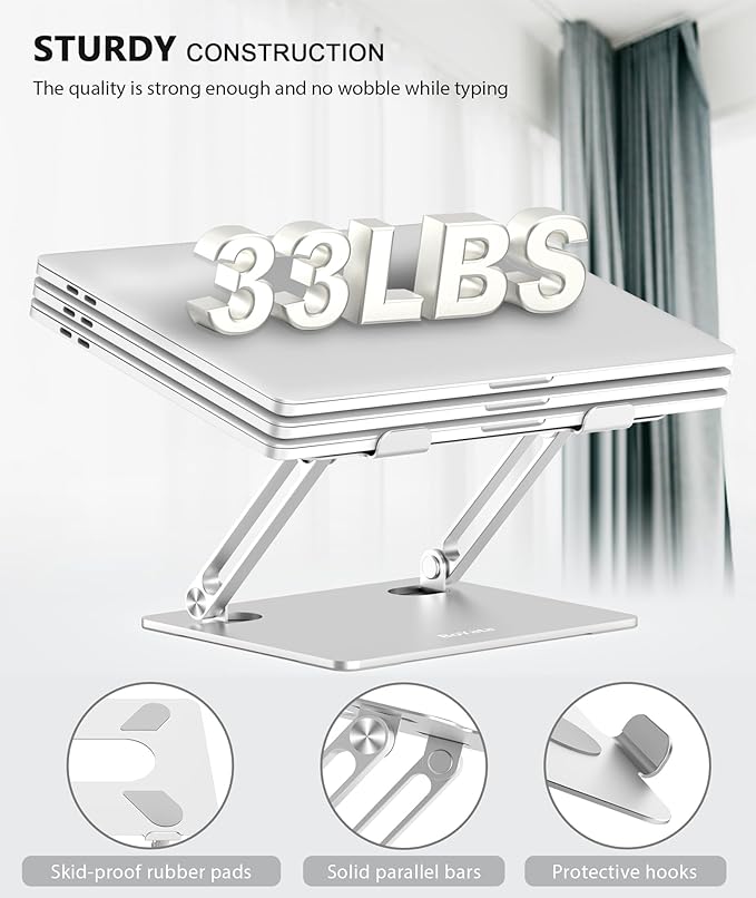 BoYata Laptop Stand, Adjustable Multi-Angle Laptop Holder, Compatible for Laptops up to 17 inches, Sturdy Aluminum & Silicone, Silver