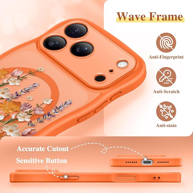 GVIEWIN for iPhone 17 Pro Max Case Compatible with MagSafe [Curly Wave Edge][Full Camera Protection] Floral Translucent Shockproof Magnetic Women Phone Case for 17 Pro Max, Primrose/Orange