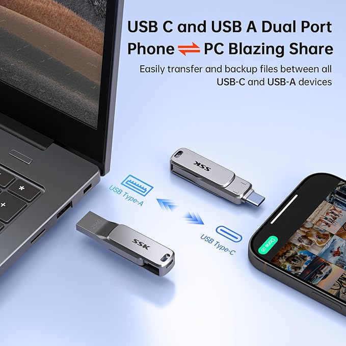 SSK 256GB Dual USB Flash Drive USB C Thumb Drive, up to 220 MB/s Type-C and USB-A 3.2 FlashDrive Memory Stick, Zinc Pendrive for iPhone 15/16Pro/Win/Android OTG