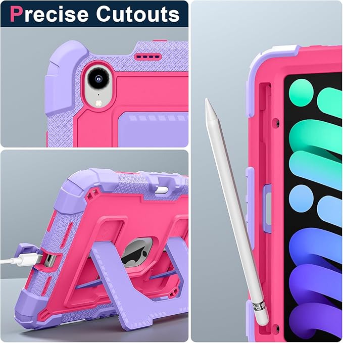 Kids Friendly Case for Apple iPad mini 7 A17 Pro 2024/iPad Mini 6 2021 8.3 Inch 7th/6th Gen Case with Pencil Holder & Shoulder Strap, Shockproof Kickstand Hard Shell Protective Cover,Rose+Purple