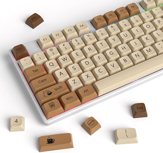 Guffercty kred Coffee Cat XDA Profile PBT Keycaps 75 Percent，138 Keys Dye Sub Caps for 60% 65% 75% Mechanical Gaming Keyboard（Coffee Cat）