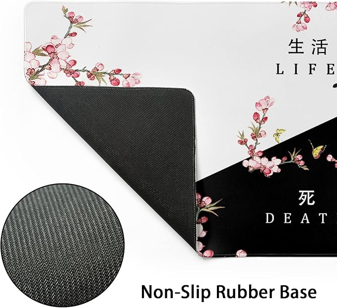 XXL Large Gaming Mouse Pad, Pink Sakura Death Life Extended Desk Pad Non-Slip Rubber Base 35.4x15.7in with Stitched Edges Waterproof Full Desk Pads Computer Gaming Mousepads for Work/Game/Office