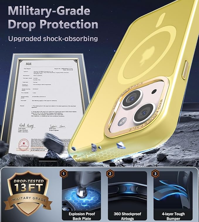 Newfuture Designed for iPhone 13 Case & iPhone 14 Case with Magnetic [13 FT Military Drop Protection] [Compatible with Magsafe] Slim Translucent Shockproof with Anti-Fingerprint Phone Case, Yellow