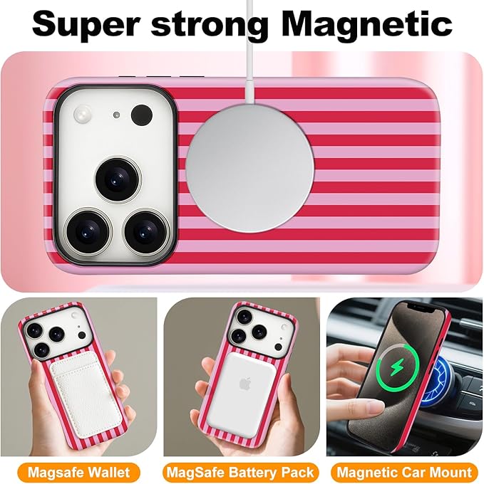 Magnetic for iPhone 17 Pro Case Cute Stripes Phone Case, Shockproof Slim TPU and Hard PC Protective Phone Cover Compatible with MagSafe Designed for Women Girls, Pink and White
