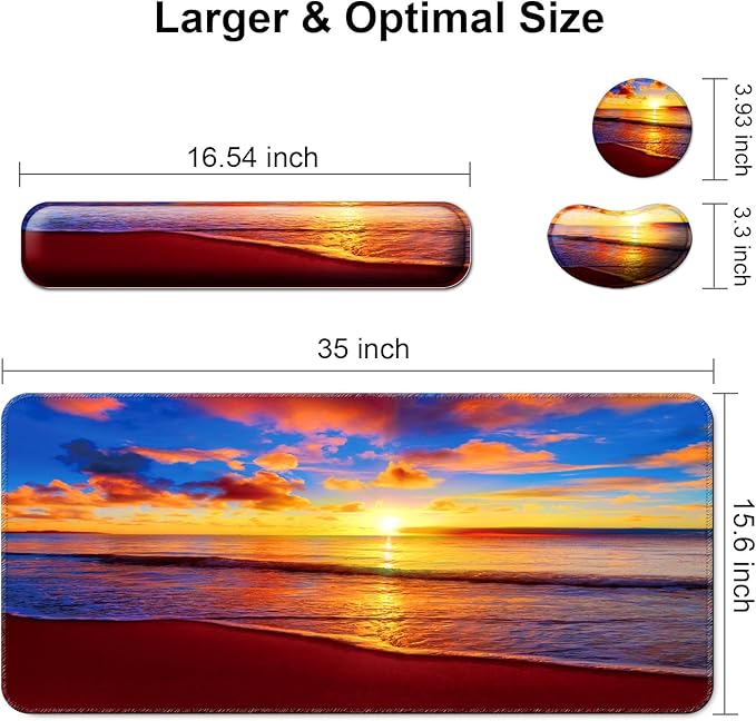 Keyboard Wrist Rest + Mouse Pad with Wrist Support + Desk Mat + Coaster 4 in 1 Set, XXL Large Gaming Mousepad Cute Ergonomic Mouse Pads for Desk Computer Laptop Office Decor-Sunset Beach