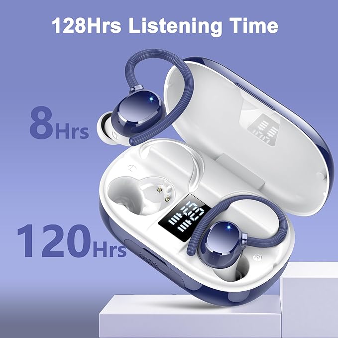 hadbleng Ear Buds Wireless Earbuds Bluetooth Headphones with 128H Playtime LED Digital Display Charging Case, Over-Ear Hook with Mic, Stereo Sound, IPX7 Waterproof Earphones for Workout/Running
