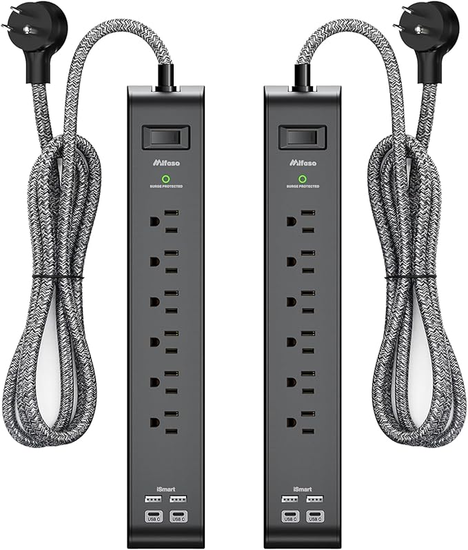 2 Pack 15FT Surge Protector Power Strip, Long Extension Cord with 6 Outlets 4 USB Ports, Flat Plug, 900 Joules, Wall Mount for Home Office Dorm