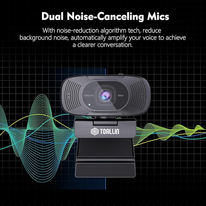 TOALLIN 1080P Full HD Webcam with Dual Microphones, Computer Web Camera, 90° Wide Angle View Without Distortion, USB Plug and Play Webcam for Video Conferencing/Online Calling/Live Streaming