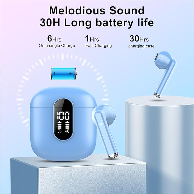 Wireless Earbuds, Bluetooth 5.4 Headphones HiFi Stereo, Bluetooth Earbuds with ENC Noise Cancelling Mic, 36H LED Display Ear Buds, IPX7 in Ear Earphones for Phone Tablet Laptop Sports, Hellblau