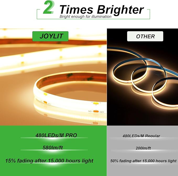 JOYLIT 24V COB LED Strip Lights 16.4ft 3000K Warm White 550LM/FT Super Bright CRI 95+, UL Premium 2400LEDs Dotless Dimmable Adhesive Tape Light 90W for Commercial, Industrial, Residential