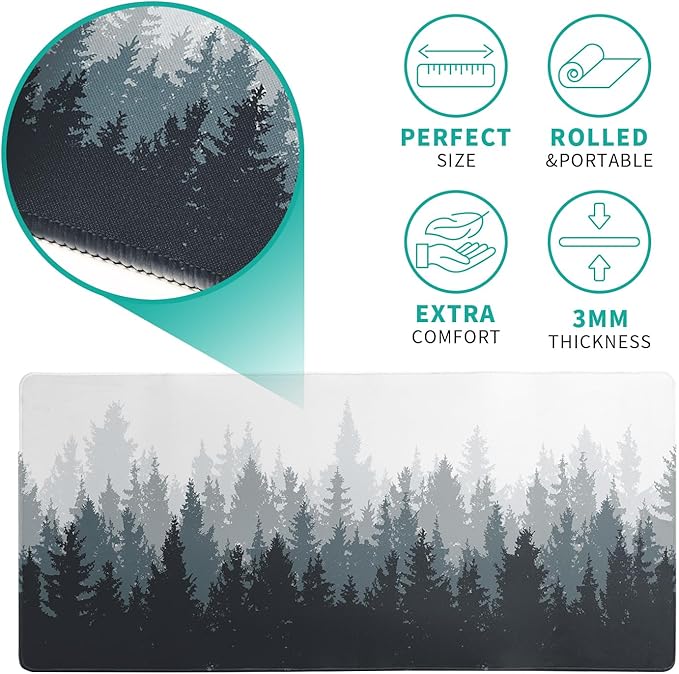 Desk Mat,Large Mouse Pad 31.5x11.8 Inch XL Extended Gaming Mouse Pad Mat with Non-Slip Base Stitched Edges Mousepad for Computer,Office,Keyboard and Laptop - Fog Misty Forest
