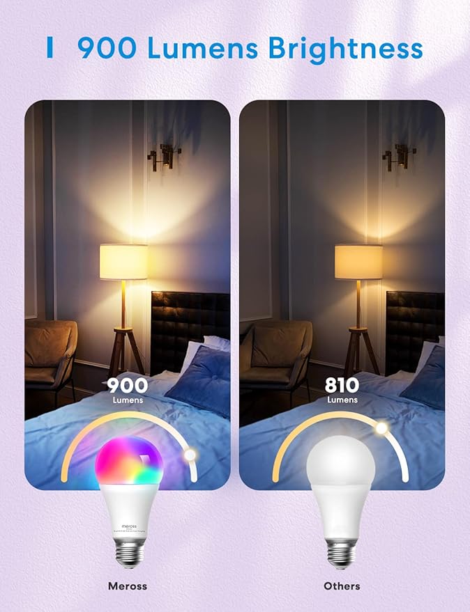 Meross Smart Light Bulb, Smart WiFi LED Bulbs Compatible with Apple HomeKit, Siri, Alexa, SmartThings, Dimmable E26 Multicolor 2700K-6500K RGBWW, 900 Lumens 60W Equivalent 2 Pack