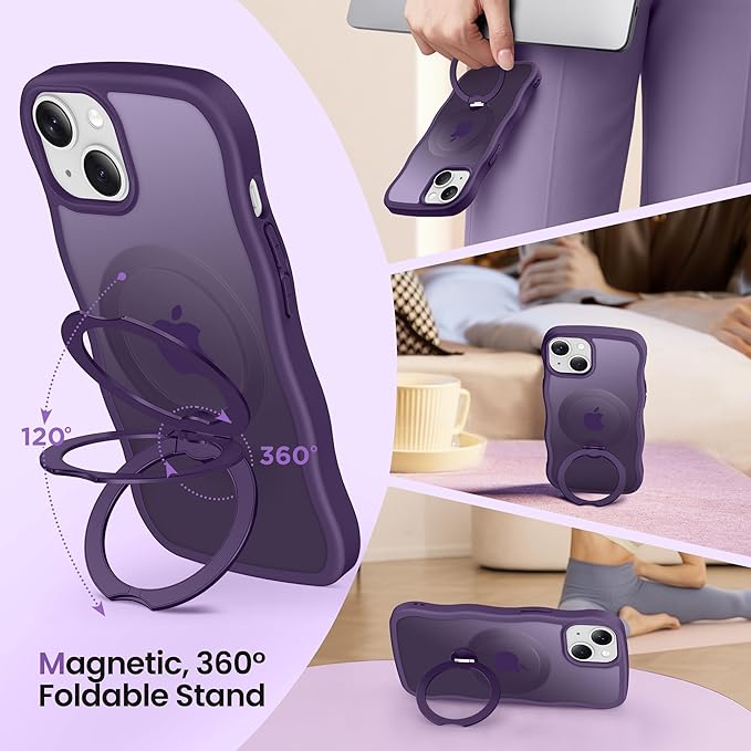 CAPRARO for iPhone 13 Case & iPhone 14 Case with 360° Spin Magnetic Stand for Women, [Compatible with MagSafe] [Camera Protection] Cute Wave Translucent Matte Case for iPhone 13/14, Deep Purple