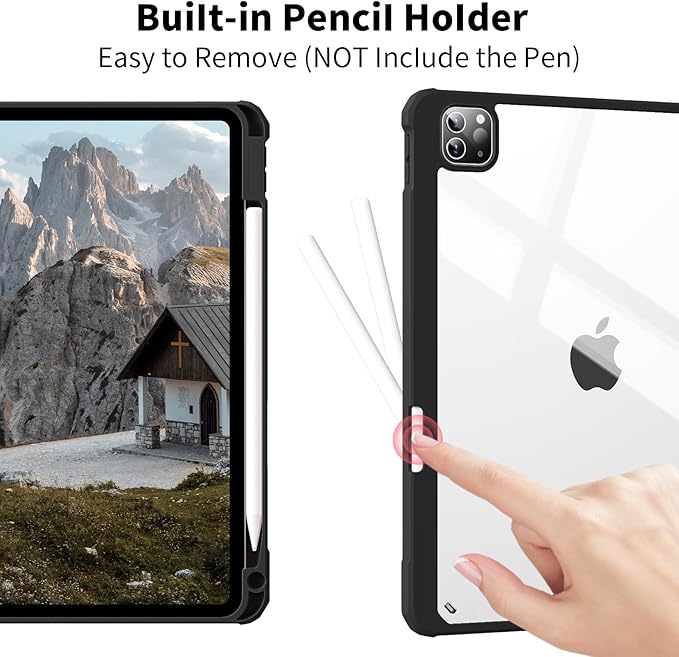 Case for iPad Pro 12.9 Inch (6th/5th/4th/3rd Generation 2022/2021/2020/2018) with Pencil Holder, Clear Transparent Back Shell Slim Stand Shockproof Tablet Cover, Auto Wake/Sleep, Black