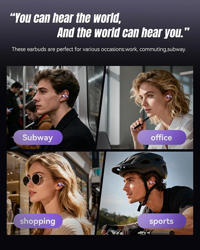 King Lucky Clip-On Earbuds Gen 3, Open-Ear Wireless Bluetooth 6.0 Headphones with Mic, Secure Fit for Small Ears & Glasses Wearers, 50H Playtime, LED Digital Display, ENC, IPX5 Waterproof (Purple)
