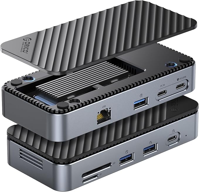 ORICO 9-in-1 USB C Hub with M.2 NVMe SSD Enclosure 10Gbps, Tool Free Hub Docking Station Adapter with Built-in Fan, Gigabit Ethernet, 100W PD, SD/TF, Type C & USB A for Laptop MacBook Mac mini -M2P7