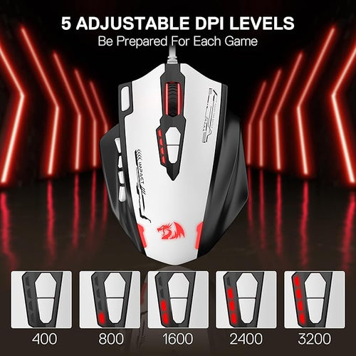 Redragon M908 Impact RGB MMO Gaming Mouse, Optical Wired Ergonomic Mouse with Max 24,000 DPI, High Precision, 18 Programmable Macro Shortcuts, Comfort Grip, Black & White