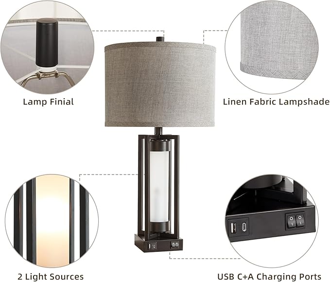 Set of 2 Modern Table Lamps for Living Room with USB C+A Ports, Rustic Nightstand Lamp with White Night Light, Retro Desk Lamp for Bedroom End Table Entryway, 4 Bulb Included (Black)