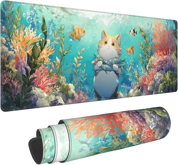 Cat Fish Mouse Pad Extended Large Gaming Mouse Pad XL Stitched Edges for Gamer Home Office 31.5 X 11.8 Inch