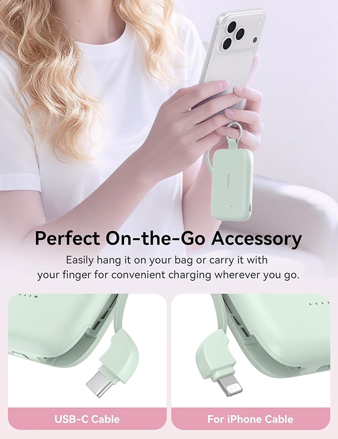 RORRY CharmGo Portable Charger, 10000mAh PD 30W Fast Charging Portable Charger Power Bank with Built-in Cables, Travel Keychain Charger Battery Pack for iPhone 17/16/15, for AirPods 2/3/4/Pro, Green