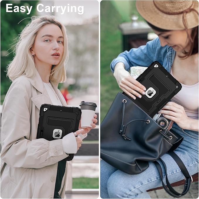 Kids Friendly Case for Apple iPad 10.2" 9th 8th 7th Generation 2021/2020/2019 Case with Pencil Holder & Shoulder Strap, Military Grade Shockproof Kickstand Hard Shell Protective Cover,Black