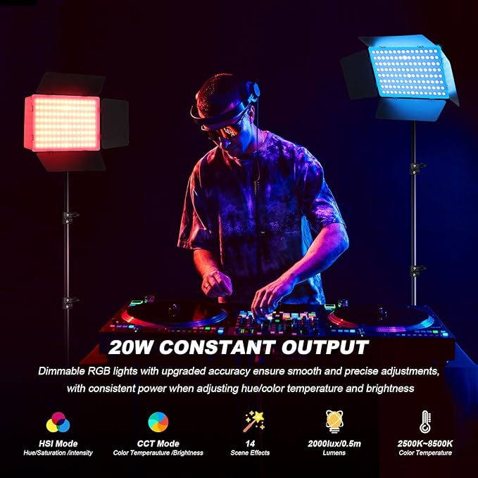 2Pack RGB LED Video Light Kit 12.6in with Barn Door, RGB Photography Light 20W/2500~8500K/14 Effect/2000lux@0.5m LED Panel Light Kit with Light Stand for Gaming Streaming Zoom YouTube Photography