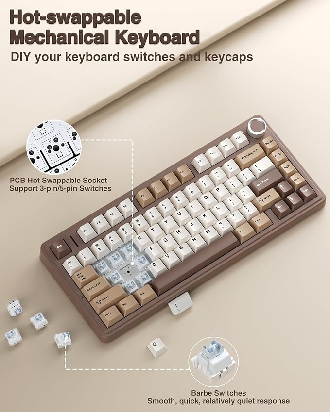 AULA F75 75% Wireless Mechanical Keyboard, Hot Swappable Creamy Keyboard, Pre-lubed Linear Switches, 2.4GHz/Type-C/BT5.0, RGB Backlit Gaming Keyboards(White&Brown)