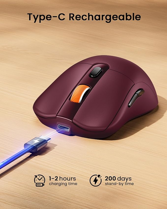 ProtoArc Bluetooth Wireless Mouse, USB C Mouse, EM15 Rechargeable Compact Portable Type C Wireless Mice for Laptop, Tablet, PC, Windows, Mac OS-Wine Red