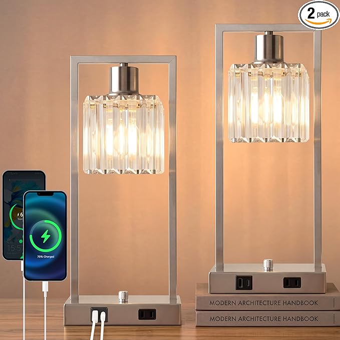 16" Desk Lamps for Home Office, Bedside Lamps with USB C+A Ports and Outlet, Nickel Fully Stepless Dimmable Industrial Table Lamps with Crytal Glass Shade for Reading Living Room, LED Bulbs Included