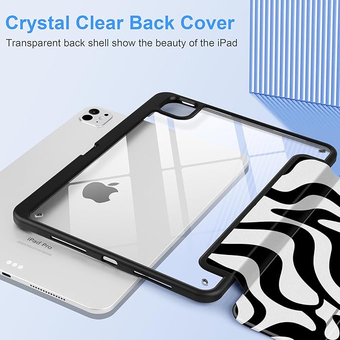 Case for iPad Pro 11 inch (M5) 2025 (M4) 2024 Release with Pencil Holder - Aesthetic Cute Preppy Design Trifold Cover with Soft TPU Bumper Clear Back Auto Sleep/Wake for Girls Women, Waves