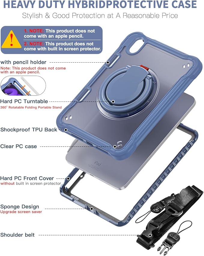 BRAECN for iPad (a17 pro) Mini 7/Mini 6 Case 2024/2021 8.3 inch with Pencil Holder Protective Clear Ring Handle 360 Rotating Stand Shockproof Dropproof Rugged Carrying Shoulder Strap Kids Friendly