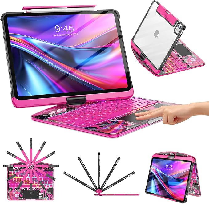 TSQQST Clear Wireless Keyboard Case for iPad Pro 13 Inch M5/M4 2025/2024 with Pencil Holder & Multi-Touch Trackpad, Visible PCB High-Tech Style, 3-Brightness & 7-Color Backlight, 360 Rotatable, Pink