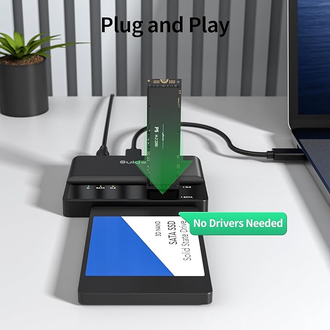 SUIDEK NVMe SSD Enclosure, 10Gbps USB to M.2 and SATA Adapter Tool Free PCIe NVMe External Hard Drive Reader Compatible with M.2(M Key&M+B Key) Any Sizes and 2.5"/3.5" SATA SSD/HDD