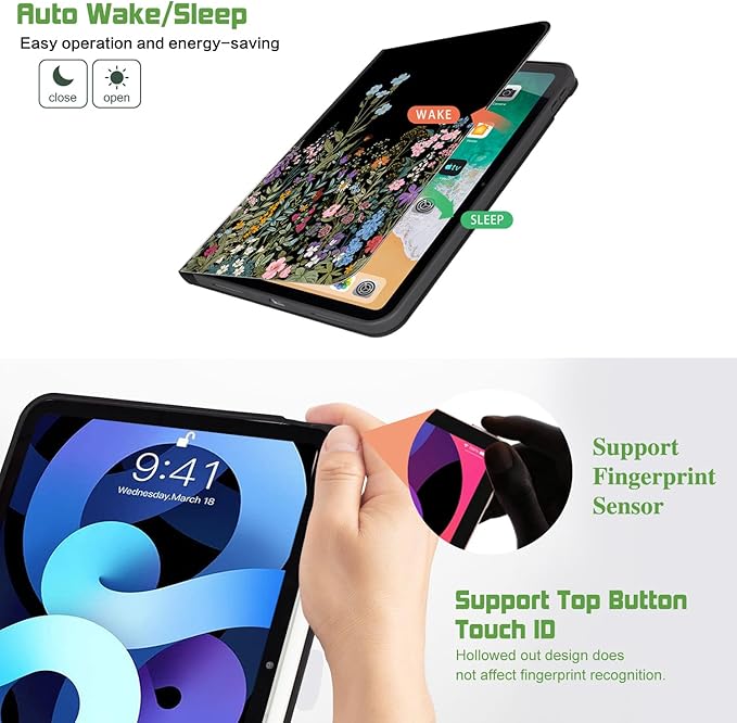 for iPad Air 11 Inch Case M4/M3/M2 2026, for iPad Air 5Th/4Th Gen Cases 10.9-inch,for iPad Pro 11 Inch Case 4Th/3Rd/2Nd/1St Generation Typing Stand 4 Viewing Stand,Pencil Holder, Black Flower
