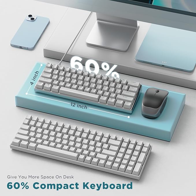 RK ROYAL KLUDGE RK61 Pro 60% Wired Gaming Keyboard, Hot Swappable Mechanical Keyboard with Aluminum Shell, Programmable RGB Backlit PC Game Keyboards 61 Keys, PBT Keycaps, Gateron Blue Switch, White