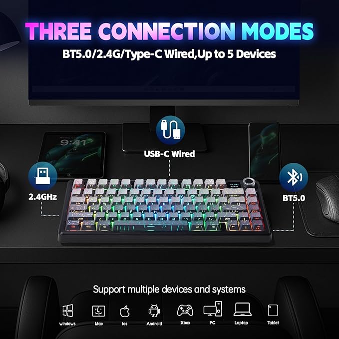 LEOBOG x Aula F75 MAX Wireless Gaming Keyboard w/Smart Display & Knob,75% Hot Swappable Custom Mechanical Keyboard, RGB Backlit,Pre-lubed Linear Switches,Side Printed PBT Topographic Keycaps(Grey)