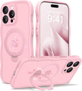 CAPRARO for iPhone 15 Pro Case with 360° Spin Magnetic Stand for Women, [Compatible with MagSafe] [Full Camera Protection] Cute Wave Translucent Matte Case for iPhone 15 Pro, Peach Pink